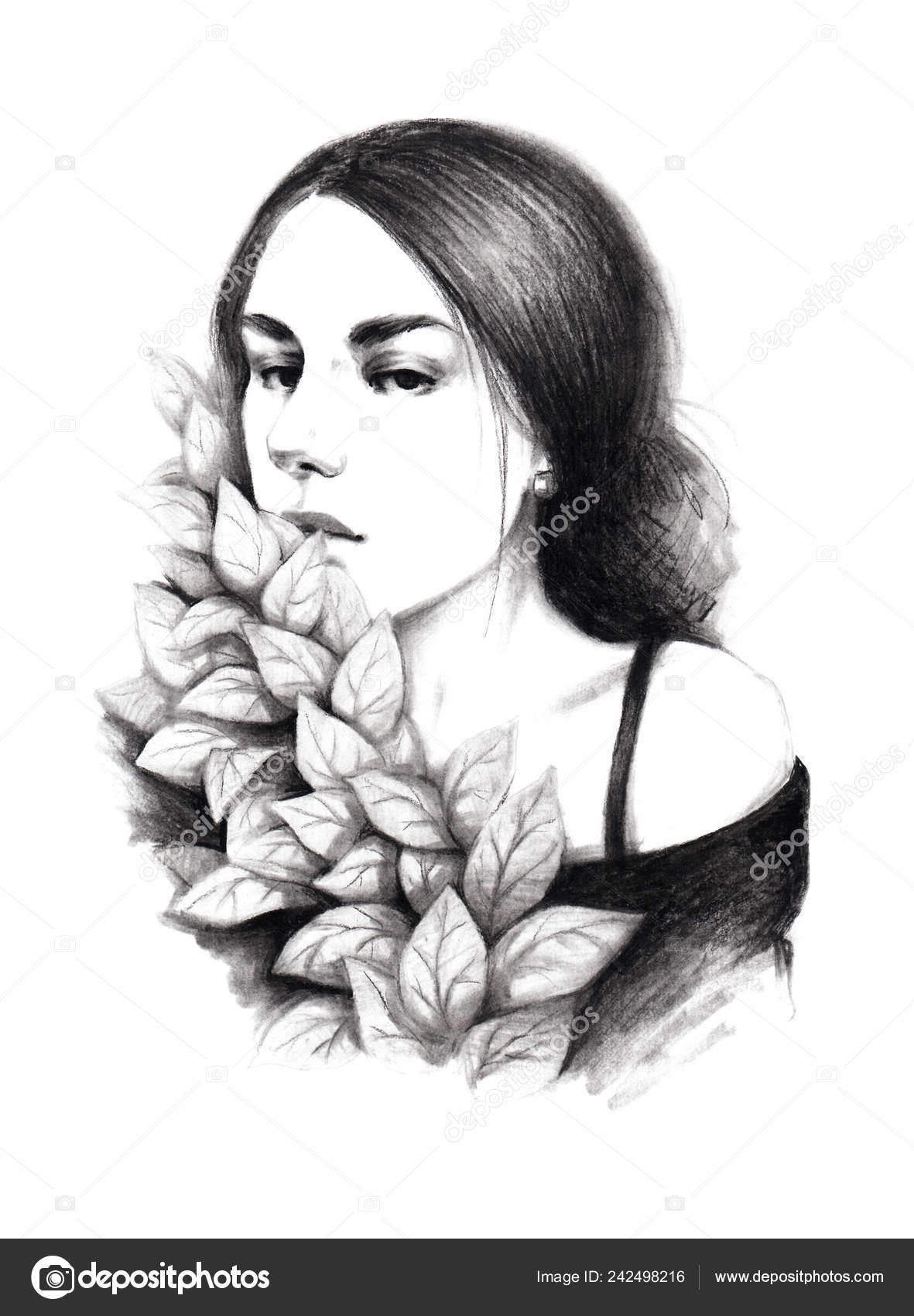 Portrait Sketch Young Beautiful Showy Girl Dark Hair