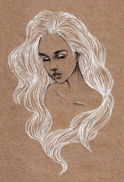 portrait sketch of a young beautiful girl with long wavy white hair cute image beautiful drawing on a craft
