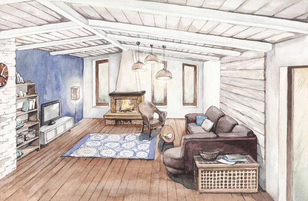 interior sketch of the living room with a fireplace and a sofa in a modern style interior design