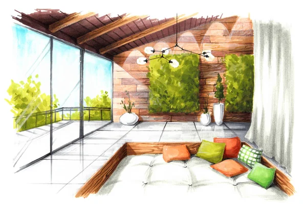 interior sketch rest room with landscaping of the walls with cushions and windows in the floor drawing markers