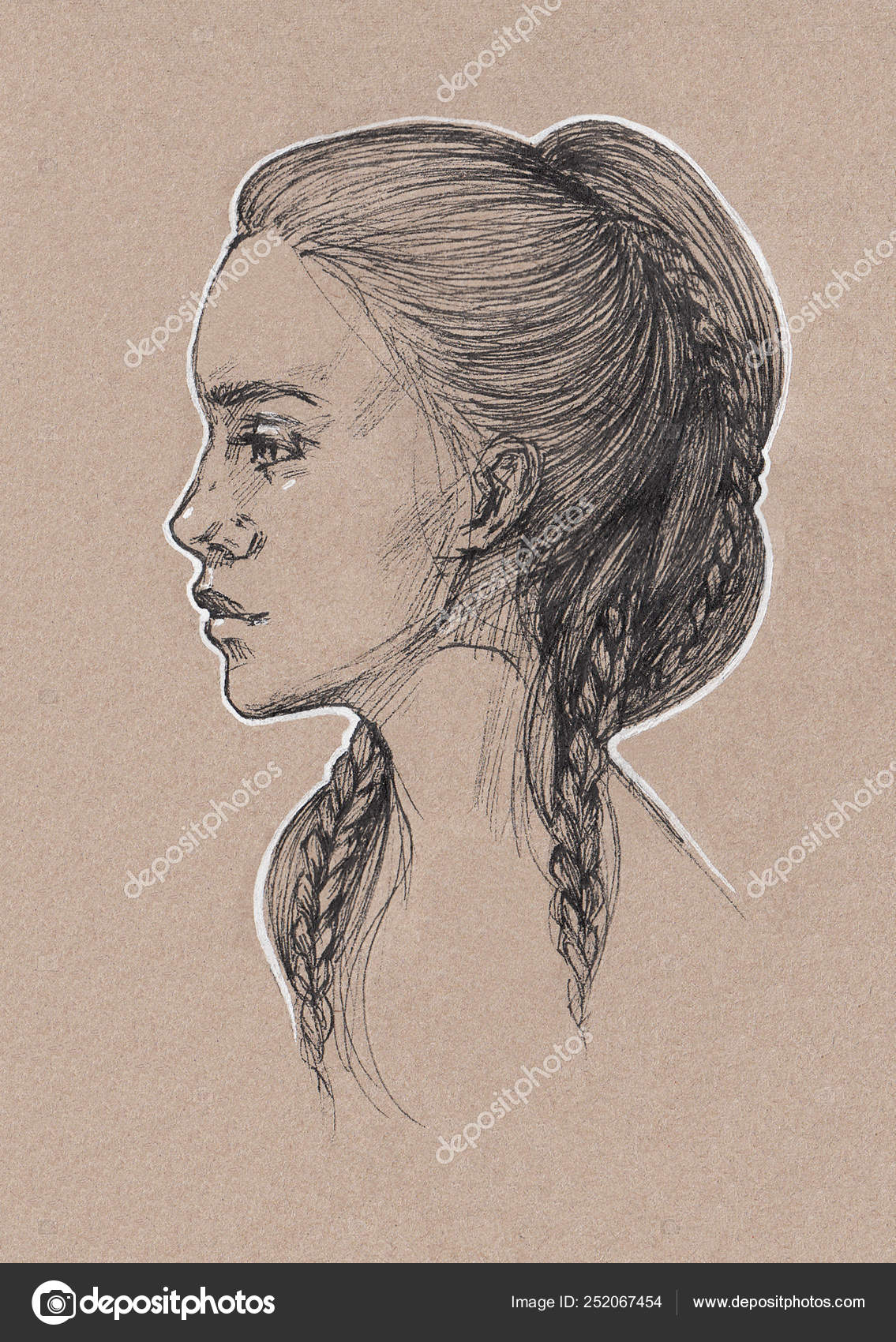 Portrait Sketch Young Beautiful Girl Long Dark Hair Stylish