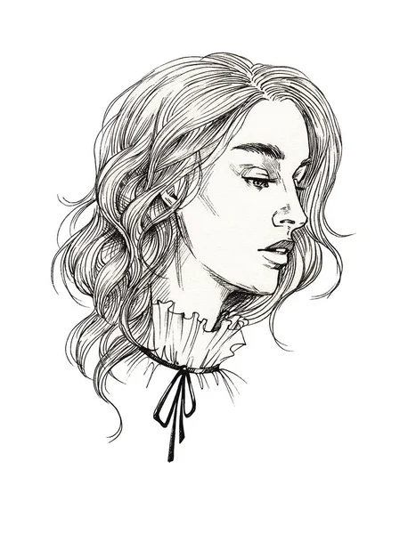 portrait sketch of a young beautiful girl with short wavy hair and in a blouse with an elegant collar vintage image linear drawing