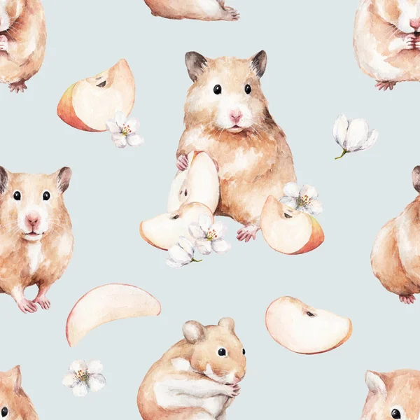 animal sketch cute little red hamster with apple slice and flowers funny animal watercolor drawing of a pet pattern 2 blue background