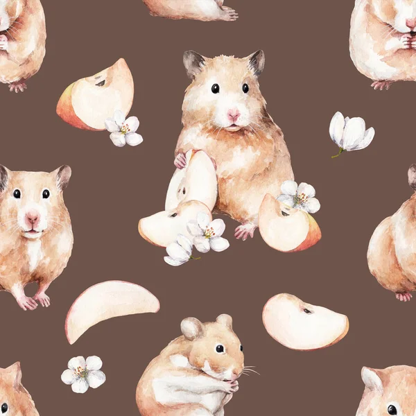 animal sketch cute little red hamster with apple slice and flowers funny animal watercolor drawing of a pet pattern 2 brown background