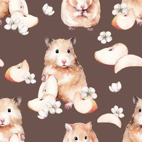 animal sketch cute little red hamster with apple slice and flowers funny animal watercolor drawing of a pet pattern 4 brown background