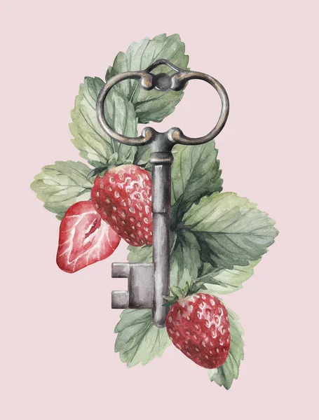 watercolor drawing on a summer theme cute quail eggs ripe strawberries and old vintage keys collage 5 on a pink background