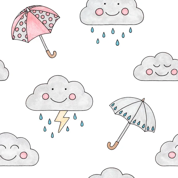 marker sketch of an autumn rainy day drawing of smiling clouds umbrellas and fallen leaves abstract children`s drawing pattern 2 on a white background