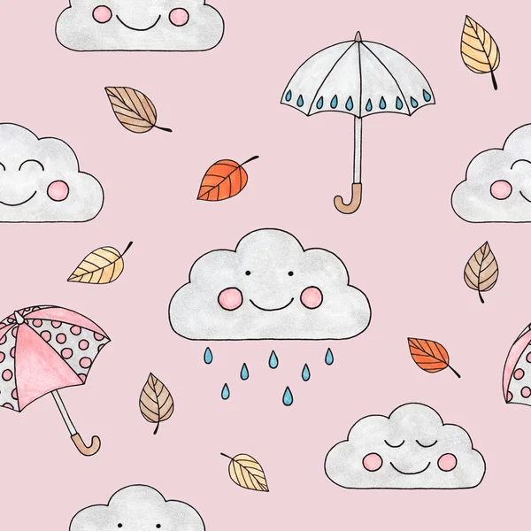 marker sketch of an autumn rainy day drawing of smiling clouds umbrellas and fallen leaves abstract children`s drawing pattern 3 on a pink background
