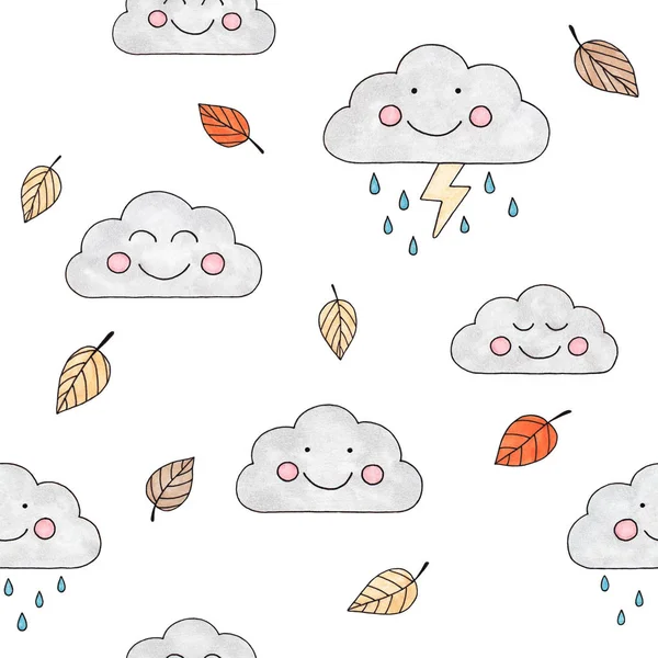 marker sketch of an autumn rainy day drawing of smiling clouds umbrellas and fallen leaves abstract children`s drawing pattern 4 on a white background