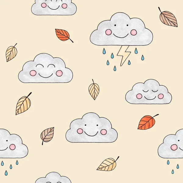 marker sketch of an autumn rainy day drawing of smiling clouds umbrellas and fallen leaves abstract children`s drawing pattern 4 on a yellow background