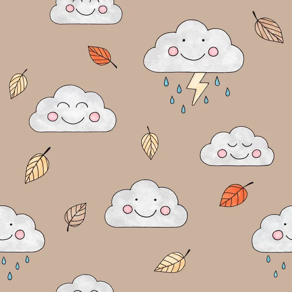 marker sketch of an autumn rainy day drawing of smiling clouds umbrellas and fallen leaves abstract children`s drawing pattern 4 on a brown background