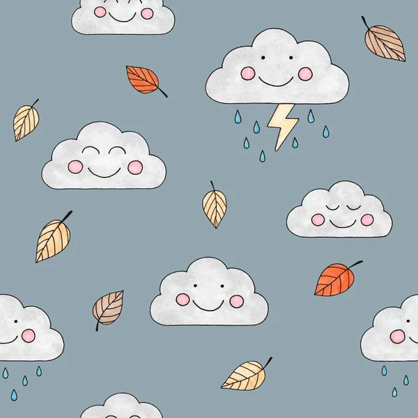 marker sketch of an autumn rainy day drawing of smiling clouds umbrellas and fallen leaves abstract children`s drawing pattern 4 on a dark blue background