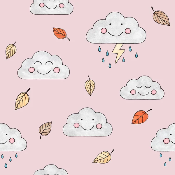 marker sketch of an autumn rainy day drawing of smiling clouds umbrellas and fallen leaves abstract children`s drawing pattern 4 on a pink background