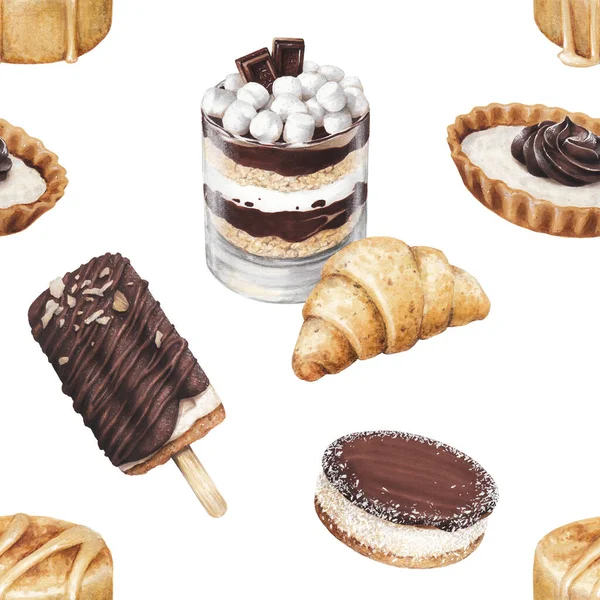 food sketch delicious beautiful desserts and pastries pattern with tart cookies ice cream cheesecake croissant and dessert in a cup marker drawing 1