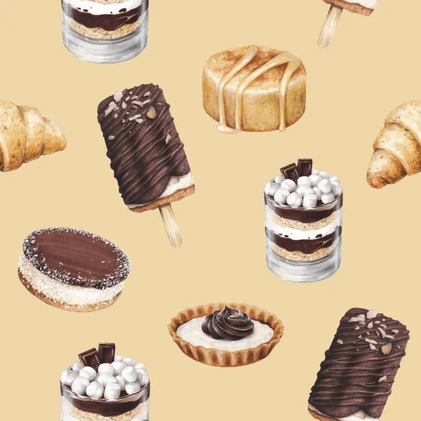 food sketch delicious beautiful desserts and pastries pattern with tart cookies ice cream cheesecake croissant and dessert in a cup marker drawing 5
