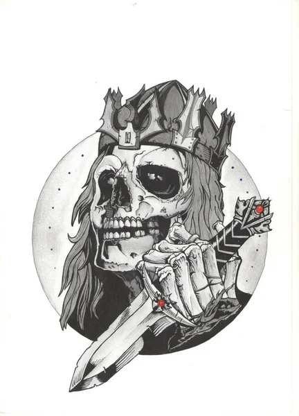 black and white drawing with a skull in a crown and a knife in his hand