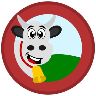 bir inek bell bir çayır ve gökyüzü ile kırmızı bir logo ile