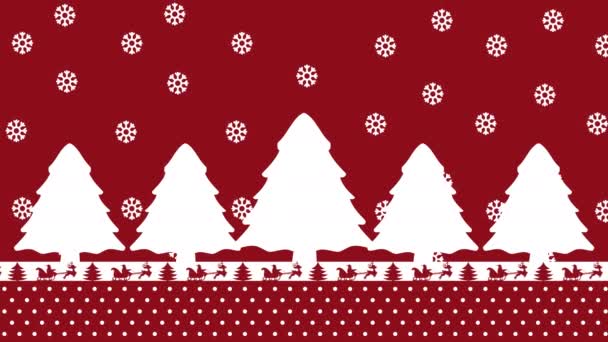 赤い背景にモミの木サンタクロース鹿と雪片とクリスマスアニメーション アニメーション — ストック動画