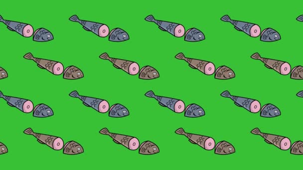 Fisk Skuren Halva För Restaurangen Och Kök Grön Bakgrund Animation — Stockvideo