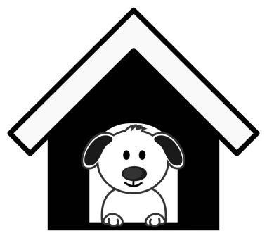 onun siyah Doghouse oturan bir gülümseyen ve mutlu köpek