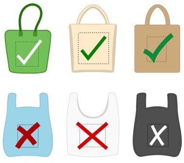 Plastik ve ekolojik torba ile görüntü ve simgeler seti