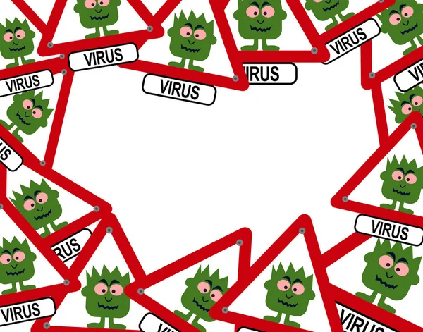 Patron Virus Avec Monstre Vert Signe Avertissement — Image vectorielle