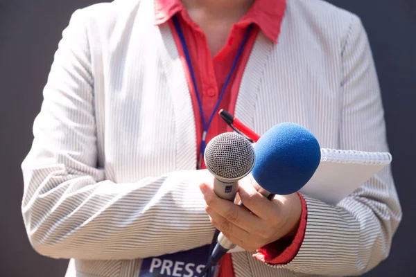Jornalista Feminina Conferência Imprensa Escrevendo Notas Segurando Microfone — Fotografia de Stock
