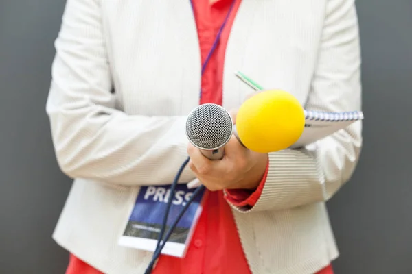 Kvinnlig Journalist Vid Presskonferens Skriva Anteckningar Hålla Mikrofonen — Stockfoto
