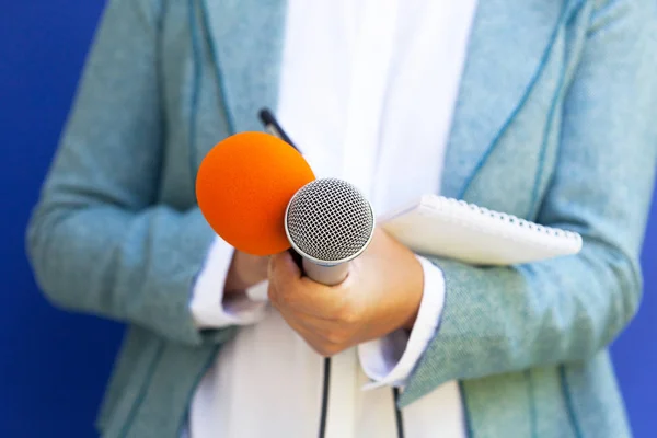 Kvinnlig Journalist Vid Nyhetskonferens Anteckningar Mikrofon — Stockfoto