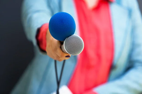 Vrouwelijke Verslaggever Het Werk Houden Van Microfoon Tijdens Een Persconferentie — Stockfoto