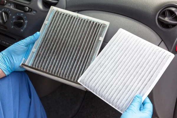 Грязный Чистый Фильтр Пыльцы Воздуха Салоне Автомобиля — стоковое фото
