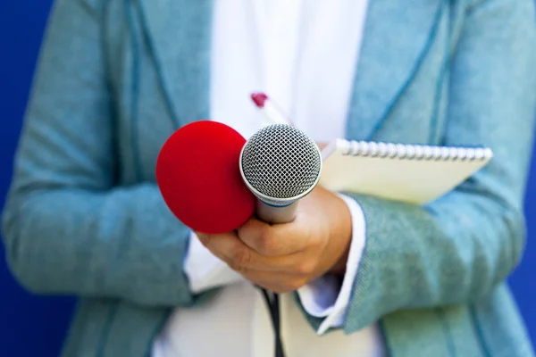 Kvinnlig journalist vid nyhetskonferens, anteckningar, mikrofon — Stockfoto