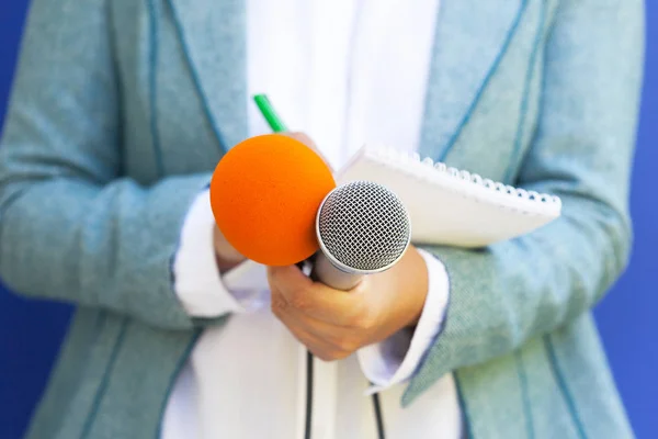 Journalist på diskussionsgrupps konferensen, med anteckningar, hålla mikrofonen — Stockfoto