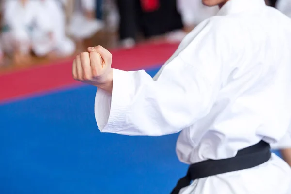 Eğitim sırasında Karate uygulayıcısı vücut pozisyonu. Dövüş sanatları. — Stok fotoğraf