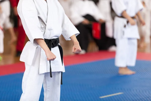 Yarışma sırasında Karate uygulayıcısı vücut pozisyonu. Dövüş sanatları. — Stok fotoğraf