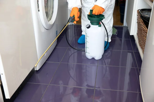 Pest Control Worker Spraying Insecticide Sprayer Kitchen — Stock Photo, Image