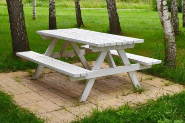 Piknik için ormanda banklar ile beyaz ahşap masa. Parkta tatil yeri.