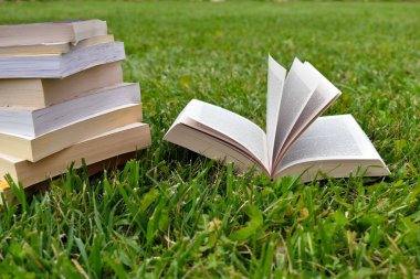 Yaz aylarında yeşil çim açık kitap