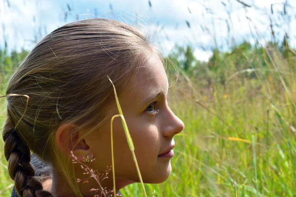 夏の緑の草の中の美しい小さな女の子. — ストック写真
