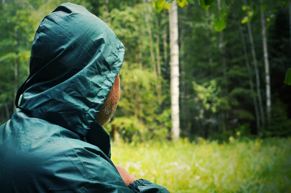 Criminal Suspicious Person Forest Maniac Covered Head Green Hood Rear — Stock Photo, Image