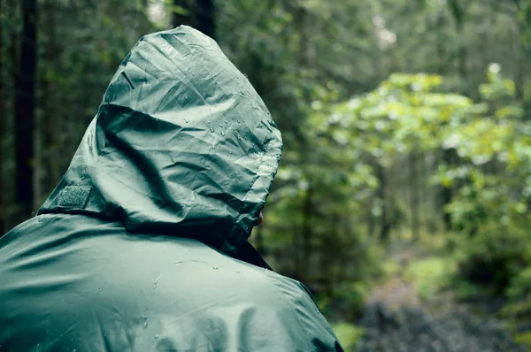 Criminal Suspicious Person Forest Maniac Covered Head Green Hood Rear — Stock Photo, Image