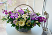 Картина, постер, плакат, фотообои "beautiful flower basket on a table. beautiful bouquet of colorful flowers in basket on table against the background of brick white wall. no people. close up. concept of flower shop. composition for the catalog.", артикул 295297930