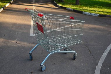 Yolda ürünler için boş sepeti saklayın. Araba dükkandan çalınıp sokağa atıldı..