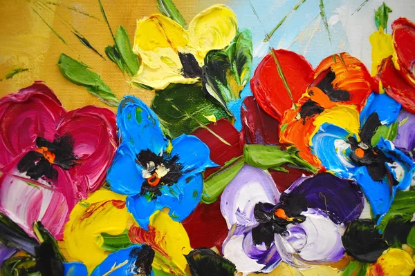 Yağlı Boya Tablonun Bir Parçası Çok Renkli Parlak Çiçekler Çizdim — Stok fotoğraf