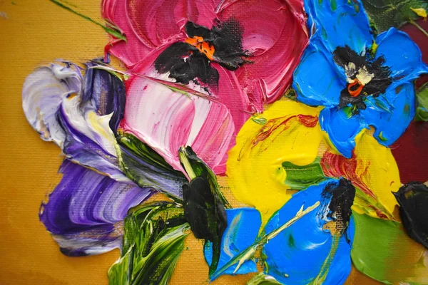 Fragmento Una Pintura Óleo Flores Multicolores Brillantes Dibujadas Fondo Colorido — Foto de Stock