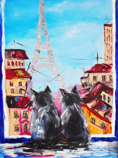 Oil painting with cats, window and Paris.