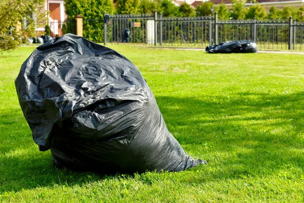 Çimenlikte büyük siyah çöp torbası var. Alanın temizlenmesi. — Stok fotoğraf
