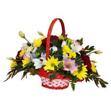 Tuğla beyaz duvar arka plan karşı masada sepet içinde renkli çiçekler güzel buket. Kimse yok. Yakından kapatın. Çiçekçi dükkanı kavramı. Katalog için kompozisyon.