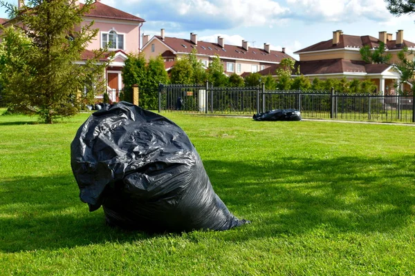 Grande saco de lixo preto no relvado. Limpeza da área . — Fotografia de Stock