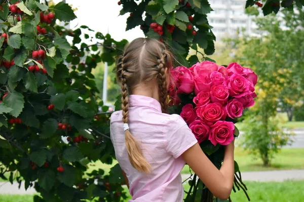 Девушка с большим букетом розовых роз. Школа с цветами — стоковое фото